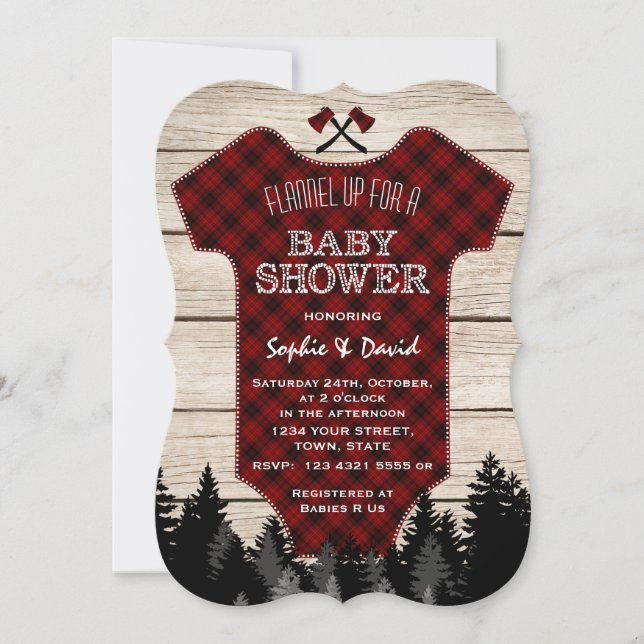 Invitación Lumberjack Buffalo Baby Suit Wood Baby Shower (Anverso)