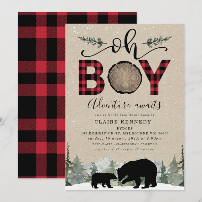 Invitación Lumberjack Flannel Kraft Oh Boy Baby Shower (Anverso / Reverso)