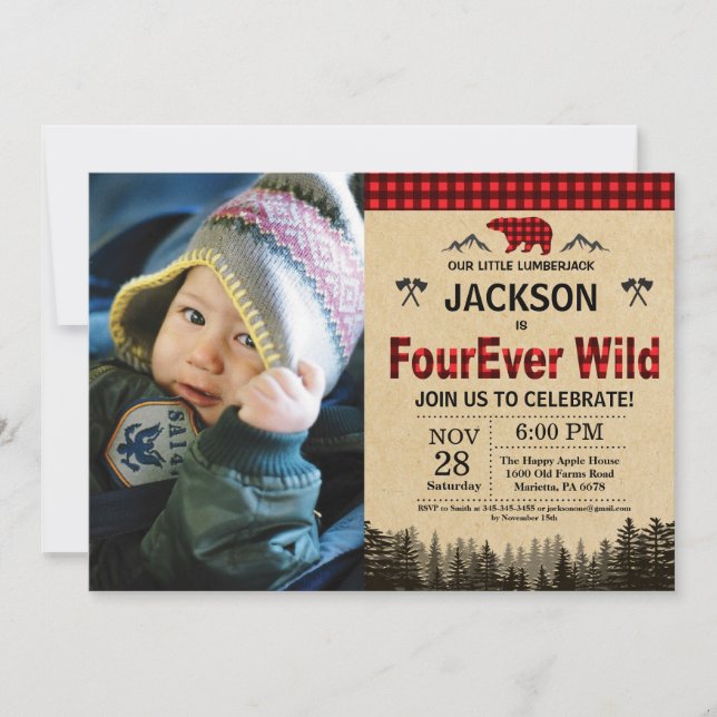 Invitación Lumberjack FourEver Wilthday Bear Woodland (Anverso)