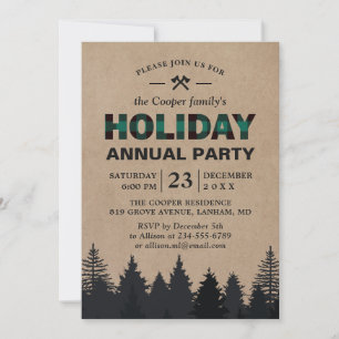 Invitación Lumberjack Green Buffalo Plaid Pines Holiday Party