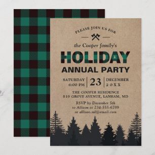 Invitación Lumberjack Green Buffalo Plaid Pines Holiday Party