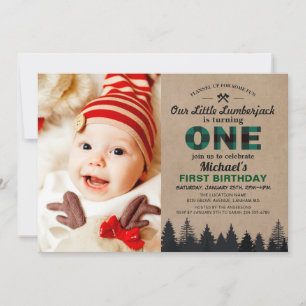 Invitación Lumberjack Green Plaid First Birday Baby Photo