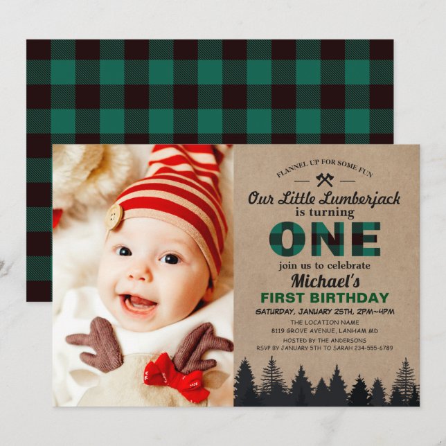 Invitación Lumberjack Green Plaid First Birday Baby Photo (Anverso / Reverso)