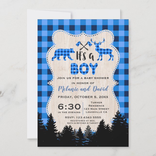 Invitación Lumberjack Little Hunter Blue Plaid Baby Shower (Anverso)