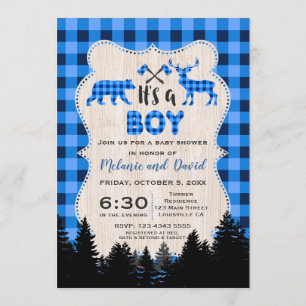 Invitación Lumberjack Little Hunter Blue Plaid Baby Shower