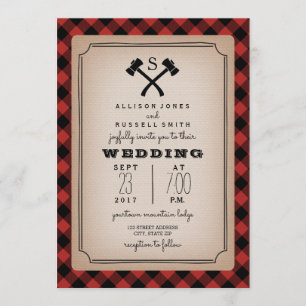 Invitación Lumberjack Monograma Ax Boda con placa de búfalo