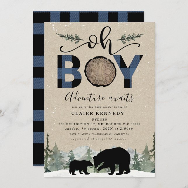 Invitación Lumberjack Navy Flannel Kraft Oh Boy Baby Shower (Anverso / Reverso)