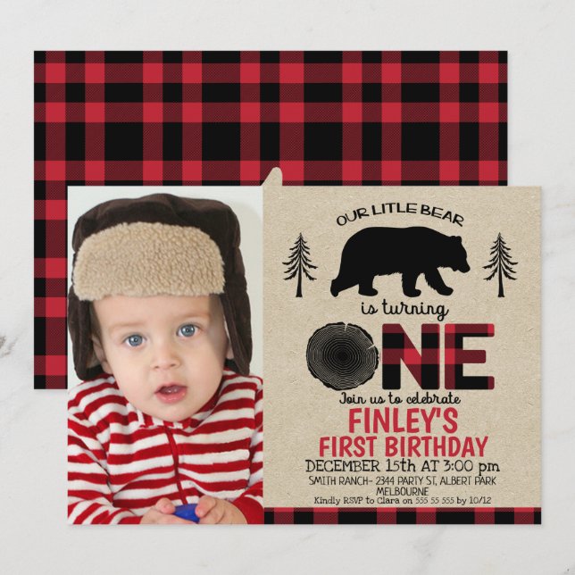 Invitación Lumberjack pequeña foto del oso Primer cumpleaños  (Anverso / Reverso)