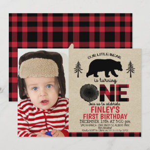 Invitación Lumberjack pequeña foto del oso Primer cumpleaños 