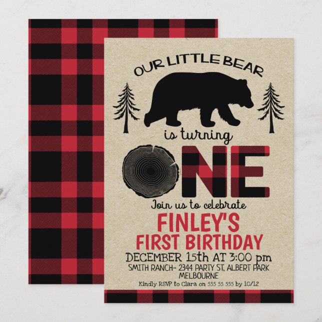 Invitación Lumberjack pequeño oso primer cumpleaños invitació (Anverso / Reverso)