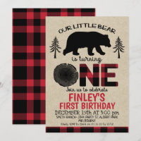 Lumberjack pequeño oso primer cumpleaños invitació