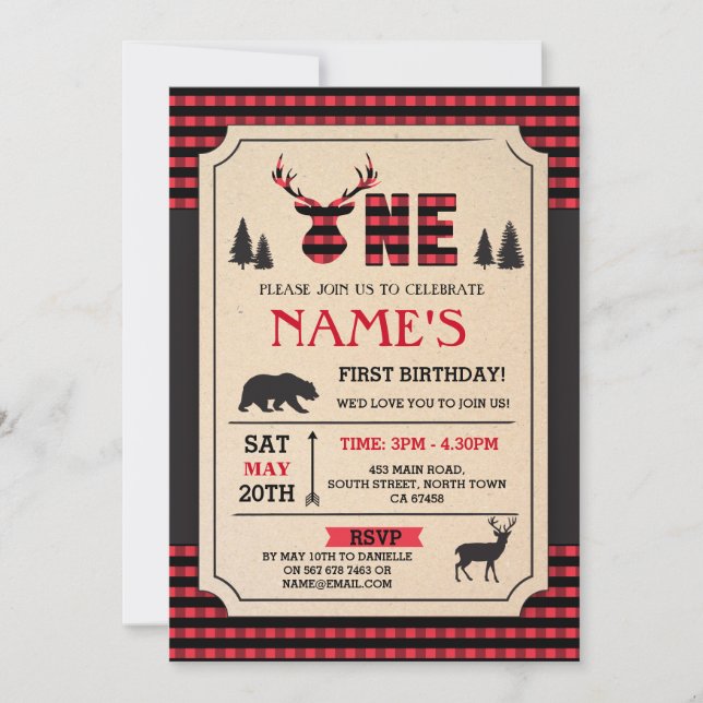 INVITACIÓN LUMBERJACK PRIMER CUMPLEAÑOS INVITAR COMPROBACIÓN  (Anverso)
