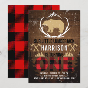 Invitación Lumberjack Primera Placa de Madera de Cumpleaños