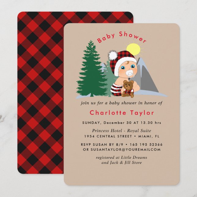 Invitación Lumberjack Red Black Plaid Cute Baby Shower (Anverso / Reverso)