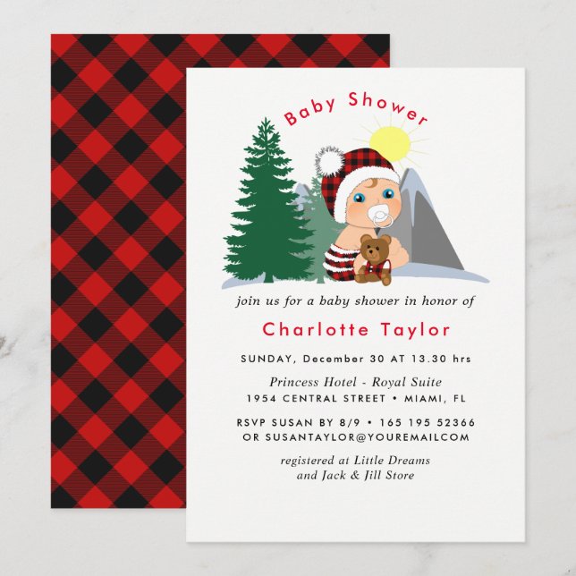 Invitación Lumberjack Red Black Plaid Cute Baby Shower (Anverso / Reverso)