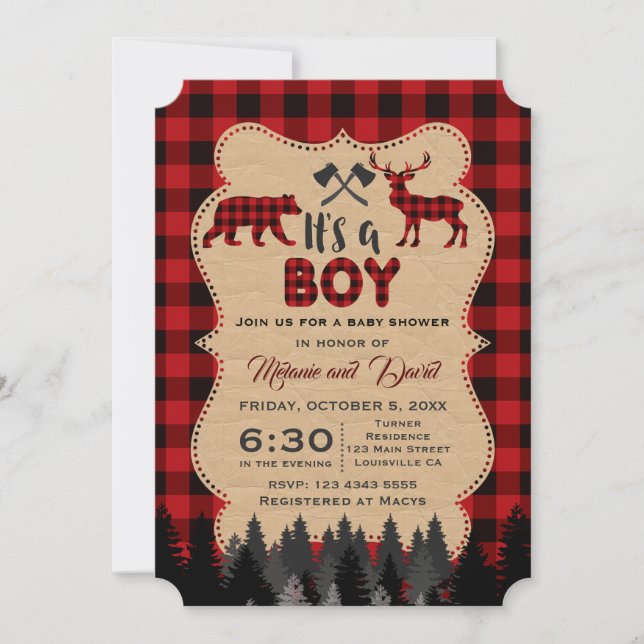Invitación Lumberjack Red Buffalo Little Boy Baby Shower (Anverso)