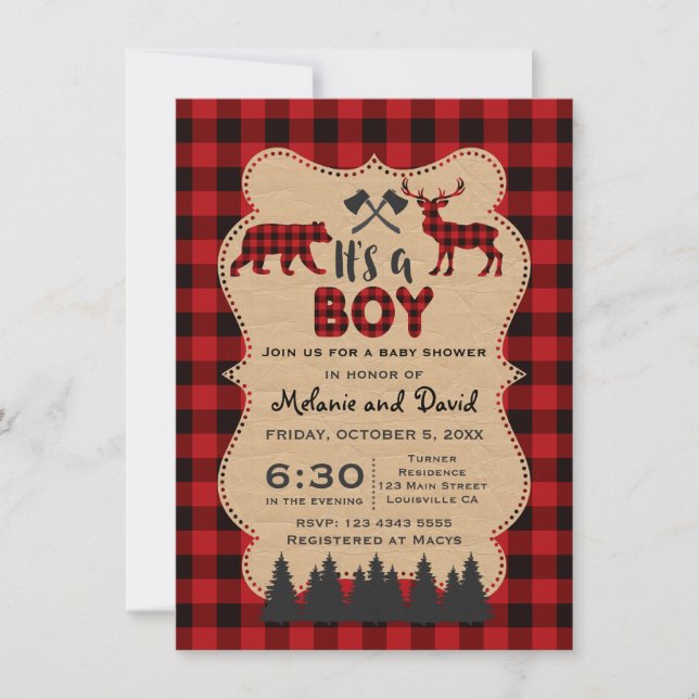 Invitación Lumberjack Red Buffalo Little Hunter Baby Shower (Anverso)