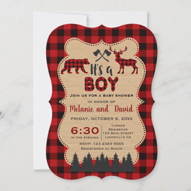 Invitación Lumberjack Red Buffalo Little Hunter Baby Shower (Anverso)