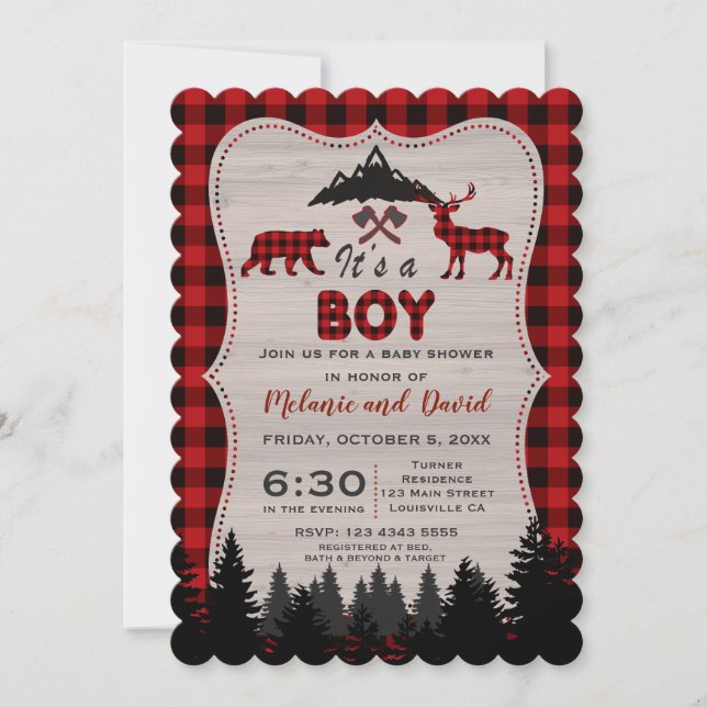 Invitación Lumberjack Red Buffalo Old Washed Barn Baby Shower (Anverso)