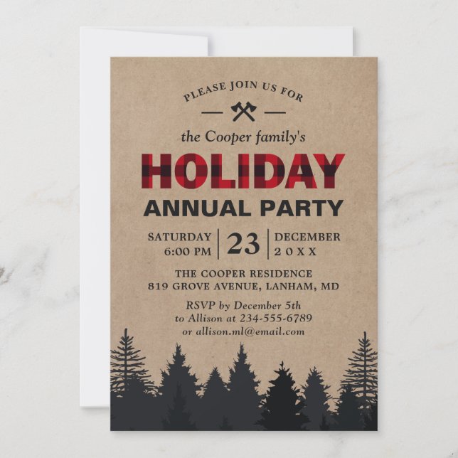 Invitación Lumberjack Red Buffalo Plaid Forest Holiday Party (Anverso)
