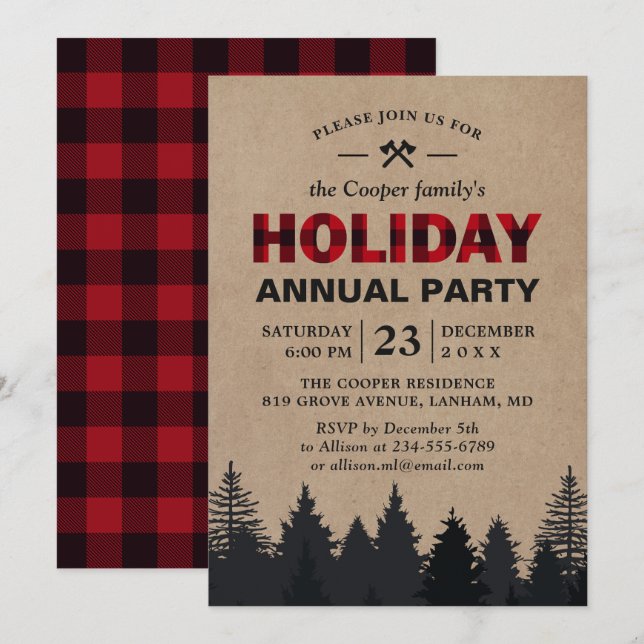Invitación Lumberjack Red Buffalo Plaid Forest Holiday Party (Anverso / Reverso)