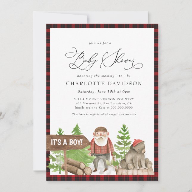 Invitación Lumberjack Rustic Bear Woodland Boy Baby Shower (Anverso)