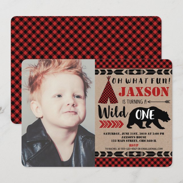 Invitación Lumberjack salvaje una foto de niño de primer cump (Anverso / Reverso)