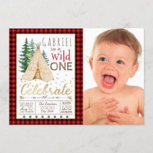 Invitación Lumberjack Wild One Tribal TeePee Primer Cumpleaño
