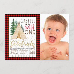 Invitación Lumberjack Wild One Tribal TeePee Primer Cumpleaño