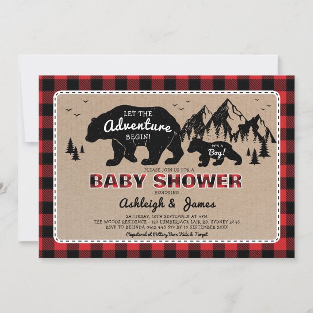 Invitación Lumberjack Woodland Bear Plantas Baby Shower (Anverso)