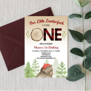 Invitación Lumberjack Woodland Forest Bear Primer Fiesta de C