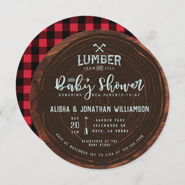 Invitación Lumberjack y Jill Baby Boy Ducha Madera y Placa Ro (Anverso / Reverso)