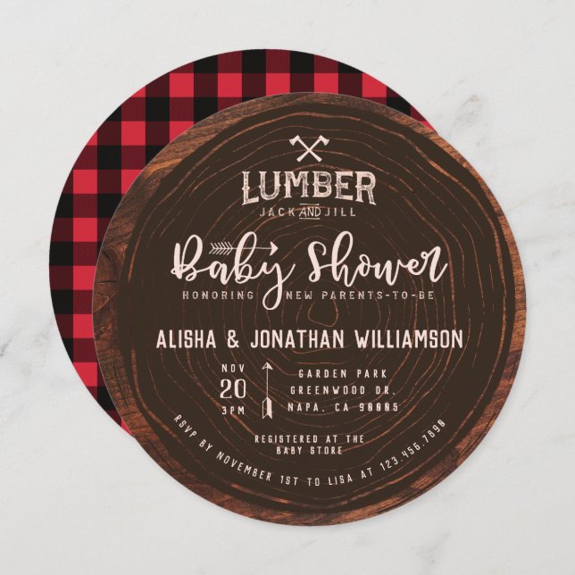 Invitación Lumberjack y Jill Baby Shower Madera Red Placa (Anverso / Reverso)