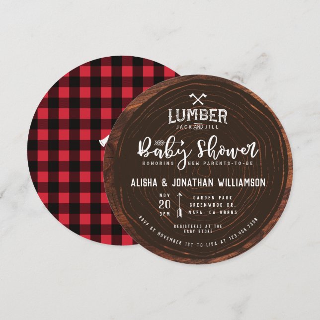 Invitación Lumberjack y Jill Baby Shower Wood & Red Plaid (Anverso / Reverso)