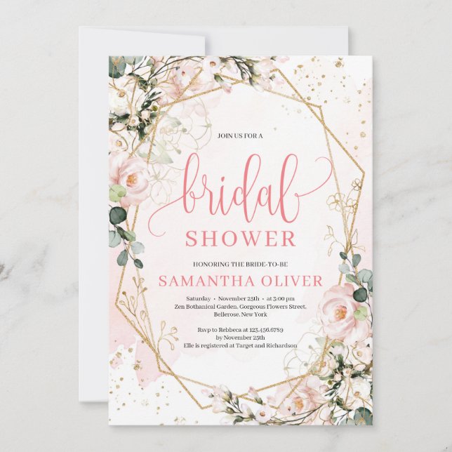 Invitación Luminosa ducha dorada floral rosa (Anverso)