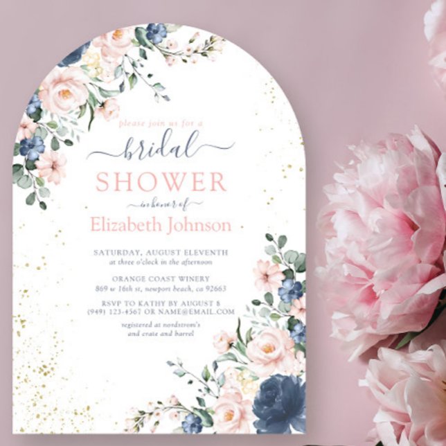Invitación Luminosa ducha floral azul Rubor rosa dorada azul (Subido por el creador)