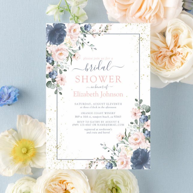 Invitación Luminosa ducha floral azul Rubor rosa dorada azul (Blush Blooms Await You: Join Us for a Bridal Shower to Remember)