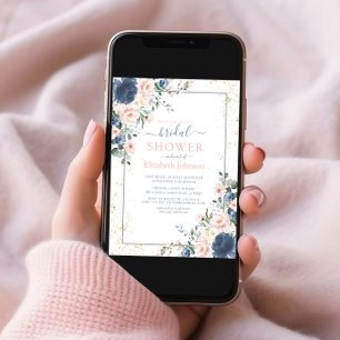 Invitación Luminosa ducha floral azul Rubor rosa dorada azul