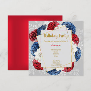 INVITACIÓN LUMINOSA FLORACIÓN GRIS AZUL ROJO CUADRADO CUMPLEA