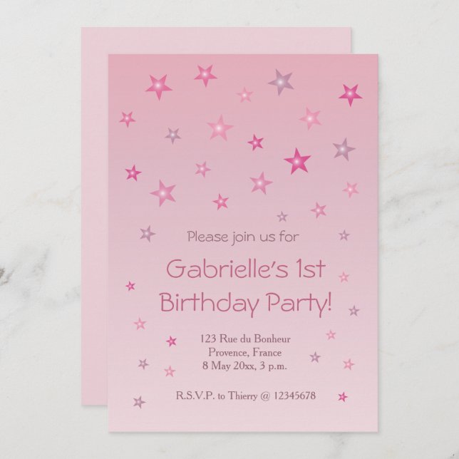Invitación Luminosas Estrellas Rosa Dulces Niños Bebés Cumple (Anverso / Reverso)