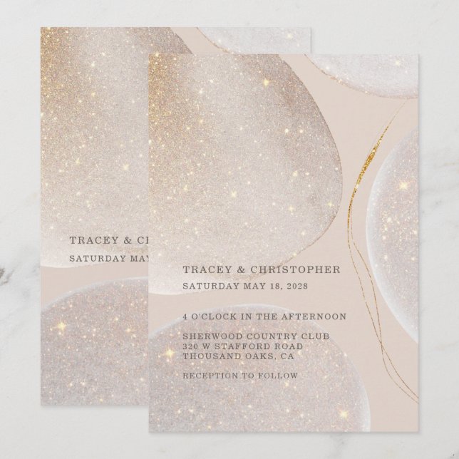 Invitación Luminoso Boda del Shimmer de oro y Rubor Fawn (Anverso / Reverso)