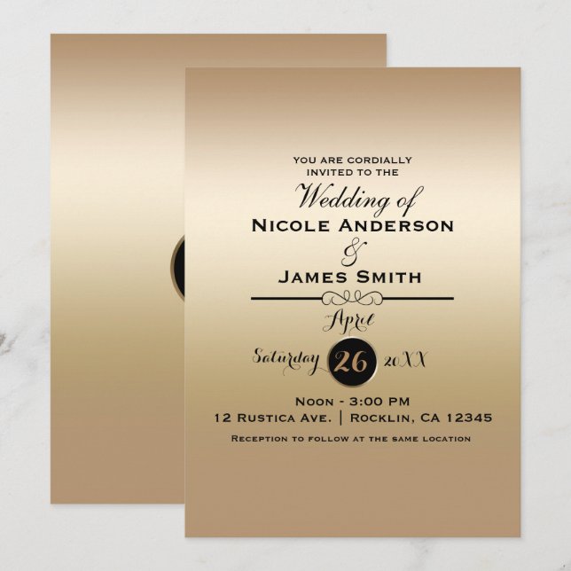 Invitación Luminoso Boda elegante metálico brillante dorado (Anverso / Reverso)