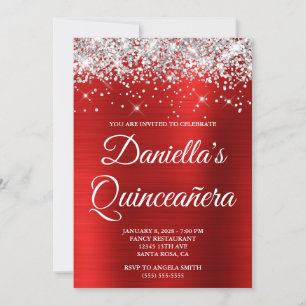 Invitación Luminoso Glitter Plateado Rojo Foil Quinceañera