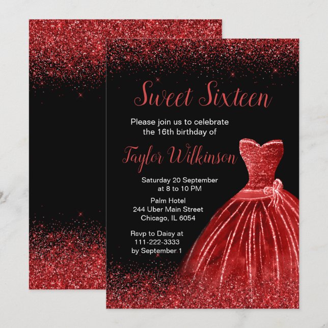 Invitación Luminoso vestido rojo Faux Purpurina Sweet 16 cump (Anverso / Reverso)