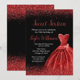 Invitación Luminoso vestido rojo Faux Purpurina Sweet 16 cump