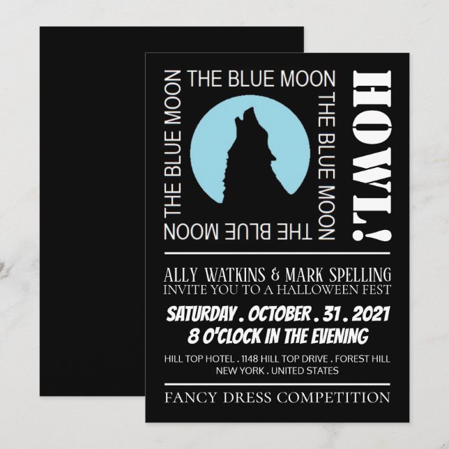 Invitación Luna Azul, fiesta de Halloween (Anverso / Reverso)