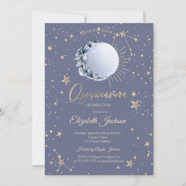 Invitación Luna Azul, Flor Estrellas Pastel Quinceanera (Anverso)
