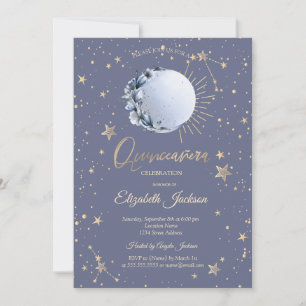 Invitación Luna Azul, Flor Estrellas Pastel Quinceanera