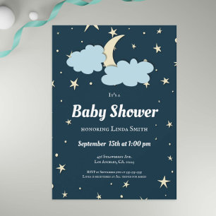 Invitación Luna azul oscuro y estrellas elegante Baby Shower 