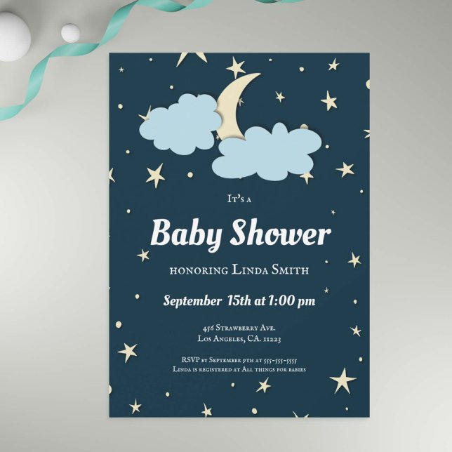 Invitación Luna azul oscuro y estrellas elegante Baby Shower  (Subido por el creador)